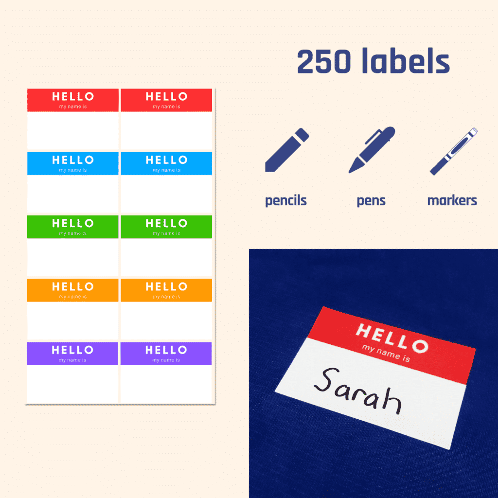 TownStix 250 Pack, Hello My Name is, Labels Stickers Sheets, 5 Colors - 3  x 2