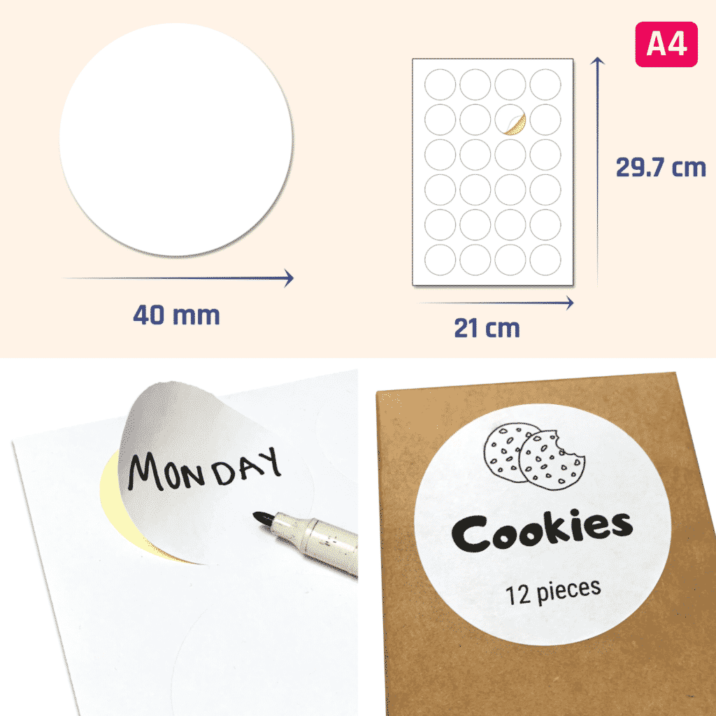 40mm Round A4 White Stickers Labels Sheets TownStix